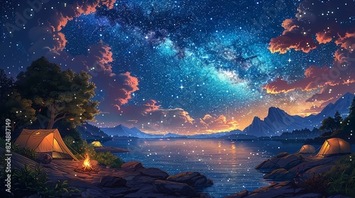 Nature Illustration, Camping Under a Starry Sky: A peaceful camping scene with tents set up near a lake, a campfire glowing, and a sky full of stars and the Milky Way above. Illustration image,
