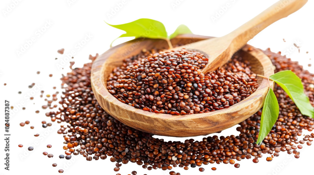 A wooden spoon filled with a pile of assorted seeds sitting on a table surface A wooden spoon filled with a pile of assorted seeds sitting on a table surface