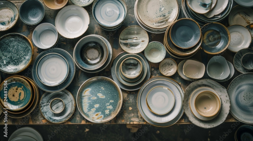 Many different plates are laid out on the table, background Many different plates are laid out on the table, background