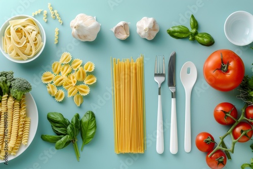 Minimalist composition of various types of pasta and fresh ingredients with cutlery on a pastel background