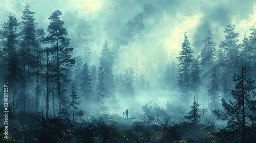 Nature Illustration, Hiking Through a Foggy Forest: An illustration of hikers making their way through a foggy forest, with tall trees fading into the mist and an air of mystery. Illustration image, photo