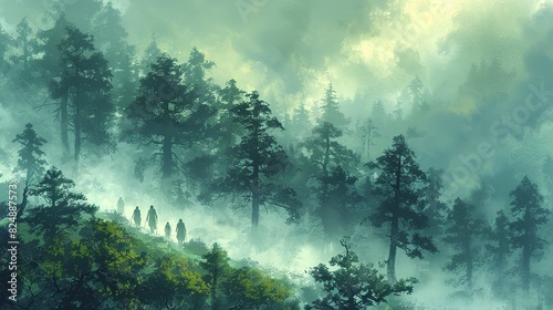 Nature Illustration, Hiking Through a Foggy Forest: An illustration of hikers making their way through a foggy forest, with tall trees fading into the mist and an air of mystery. Illustration image, photo