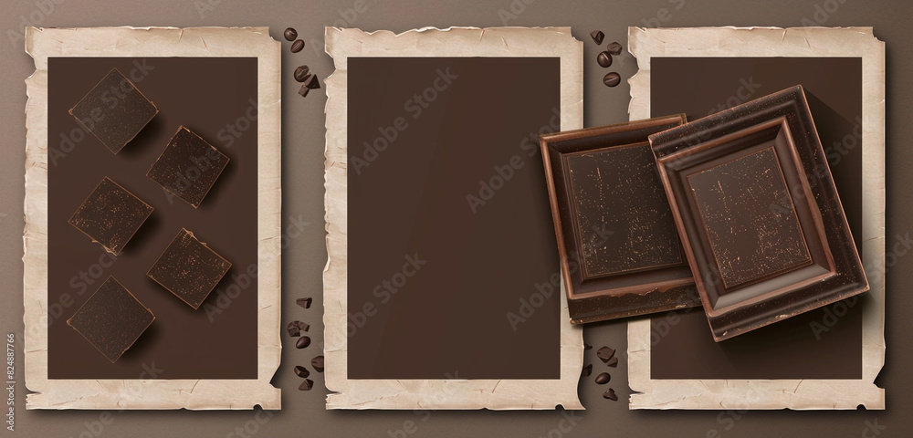 Fototapeta premium Vector stereoscopic rectangle template set with chocolate brown scrapbook mockup frame photo collage.