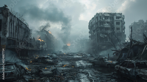 A desolate cityscape with crumbling buildings and abandoned cars, overrun by hordes of zombies. The sky is dark and ominous, with smoke and debris filling the air, creating a sense of dread and chaos photo
