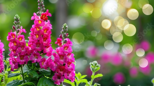   A close-up of a group of pink flowers with a blurred bokeh of light in the backdrop and a blurred bokeh of pink blossoms in the foreground