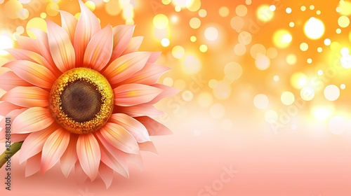  Pink flower with yellow center on a pink-yellow background  surrounded by bokeh lights