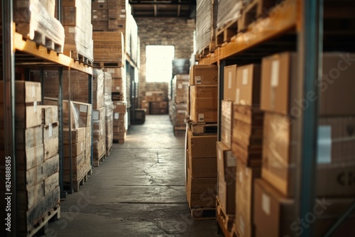 Warm sunlight streams into a warehouse aisle lined with neatly stacked cardboard boxes on shelves