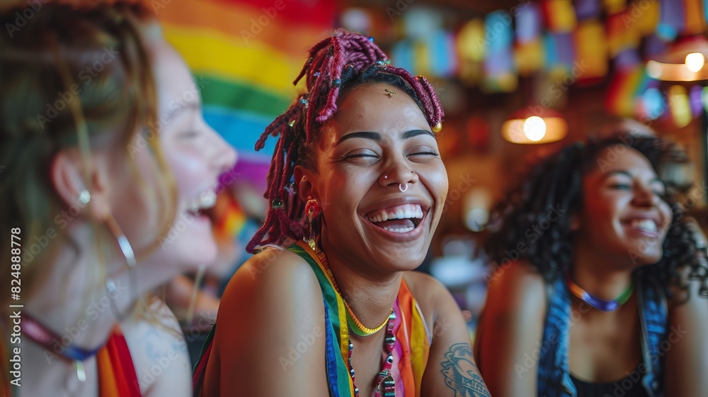 A group of diverse female friends in a cozy cafe, engaged in lively conversation and laughter, celebrating their bond and pride in a supportive and inclusive environment, with colorful pride flags