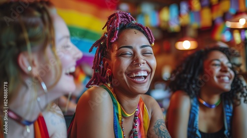 A group of diverse female friends in a cozy cafe  engaged in lively conversation and laughter  celebrating their bond and pride in a supportive and inclusive environment  with colorful pride flags
