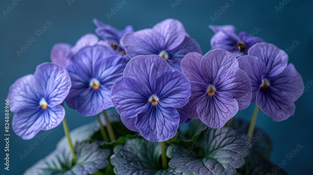   A cluster of violets resting atop a verdant foliage in front of a deep azure backdrop