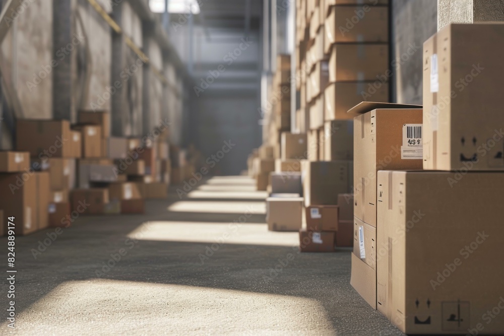 Warm sunlight spills over an array of cardboard boxes in a spacious warehouse Warm sunlight spills over an array of cardboard boxes in a spacious warehouse