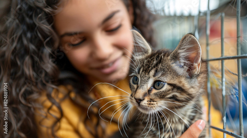 A pet adoption coordinator at an animal shelter  introducing a family to a cat available for adoption  highlighting the role of facilitating pet adoptions.