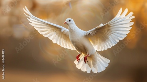   A white dove soaring through the sky, wings fully extended photo