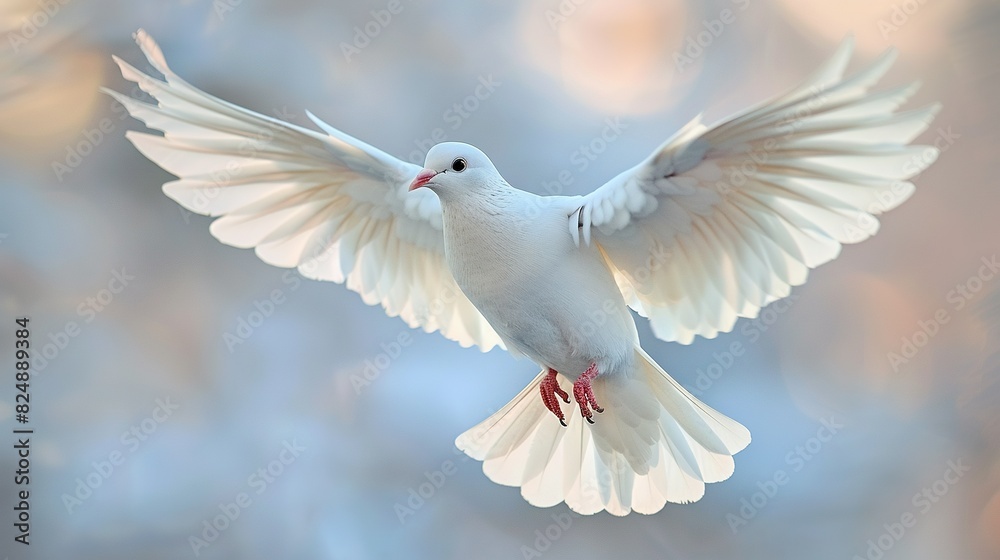   A white dove soars through the sky, spreading its wings in flight before the camera's eye
