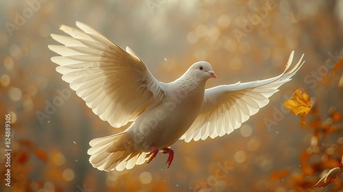  A white dove soars gracefully through the air with its wings outstretched, its body spread wide in contrast against the blurred leafy backdrop