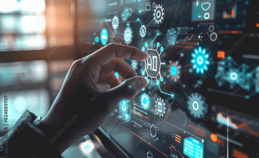 Person interacting with AI icon on digital interface in futuristic setting Person interacting with AI icon on digital interface in futuristic setting