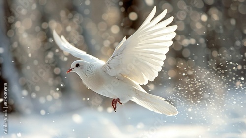  White bird soaring in the sky with open wings and snow-covered body