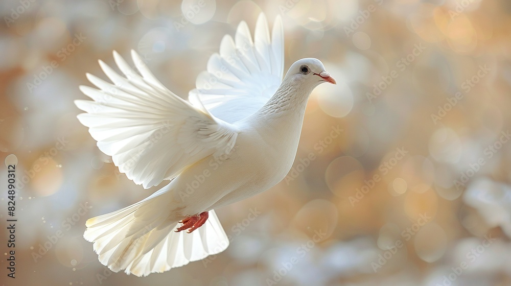 A white bird soaring through the sky with spread-open wings against a hazy backdrop A white bird soaring through the sky with spread-open wings against a hazy backdrop