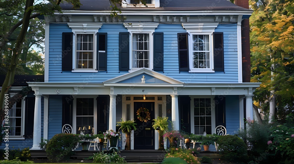 Craft man house exterior with periwinkle blue walls and black shutters