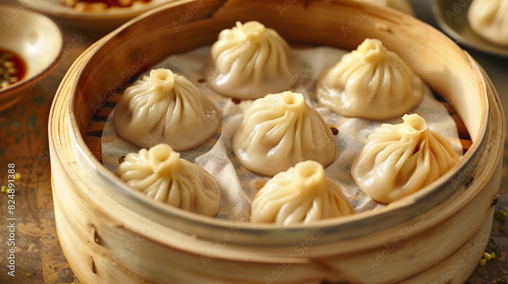 steamed Xiao long bao Shanghai small meat dumpling. Generative Ai steamed Xiao long bao Shanghai small meat dumpling. Generative Ai