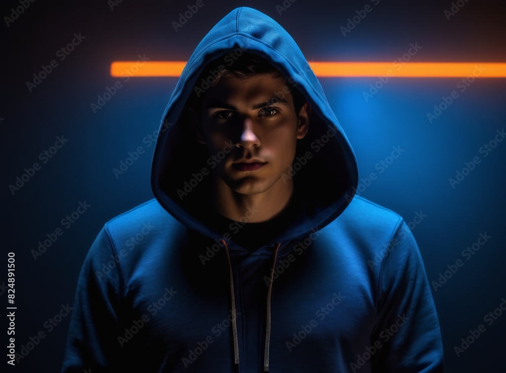 Mystery figure in a hoodie on a dark background Mystery figure in a hoodie on a dark background