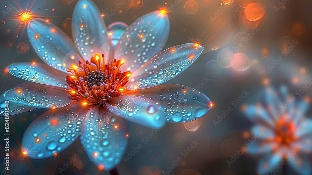 Close-up of a blue flower with water droplets and a starburst in the center Close-up of a blue flower with water droplets and a starburst in the center