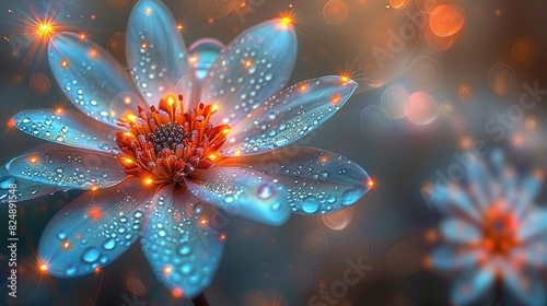  Close-up of a blue flower with water droplets and a starburst in the center