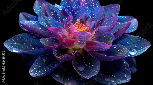  A purple and blue flower with droplets on its petals