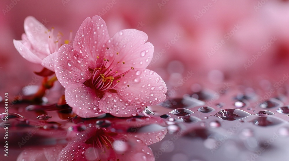 A close-up of a pink flower on a surface with water droplets on the petals and water drops on the petals A close-up of a pink flower on a surface with water droplets on the petals and water drops on the petals