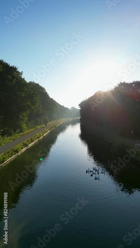 The sunlit canal winds through a lush forest, ducks swim, blue sky, tranquil reflections on the water photo