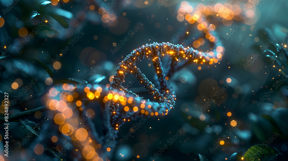 A vibrant, glowing DNA strand winds through an ethereal forest, radiating golden light amid a dreamy, twilight atmosphere A vibrant, glowing DNA strand winds through an ethereal forest, radiating golden light amid a dreamy, twilight atmosphere