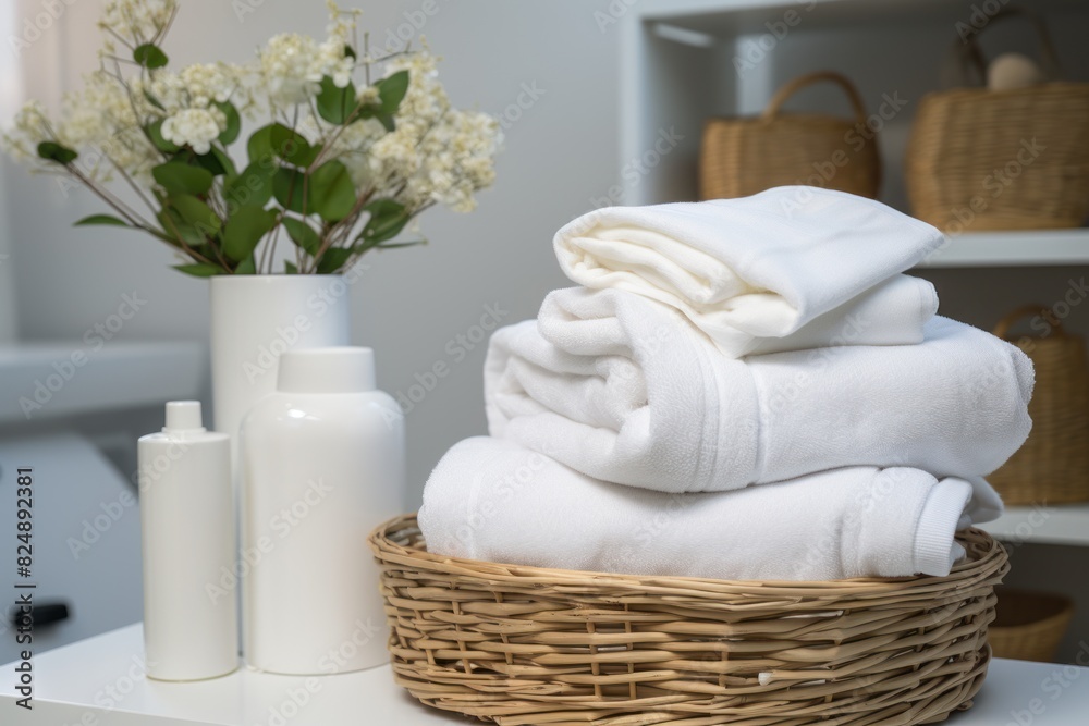 Basket full of white dirty towels for washing on blurred background of washing machine in bathroom. Concept allergy and chore. Close up. Basket full of white dirty towels for washing on blurred background of washing machine in bathroom. Concept allergy and chore. Close up.