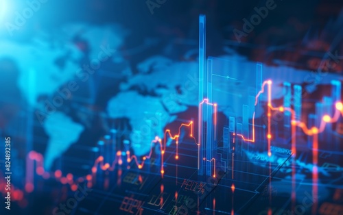 Glowing financial graphs ascending on a blue world map background.
