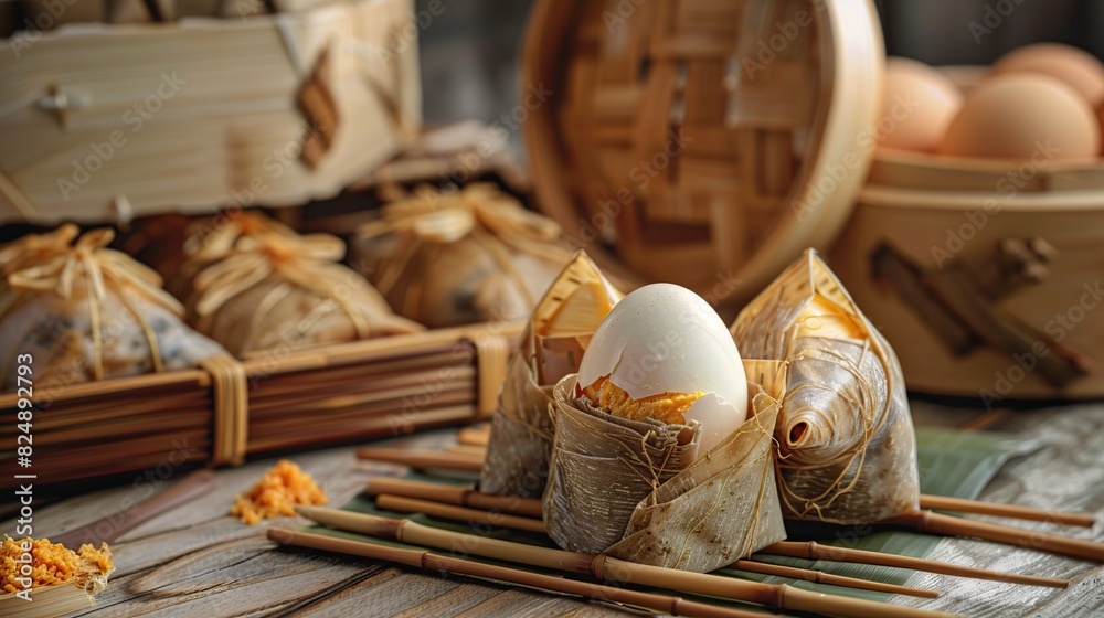 Zongzi with Egg Wrapped on Bamboo Leaves. Generative Ai Zongzi with Egg Wrapped on Bamboo Leaves. Generative Ai