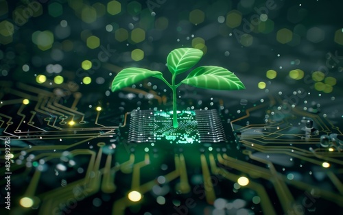 Glowing plant sprouting from an electronic circuit board.