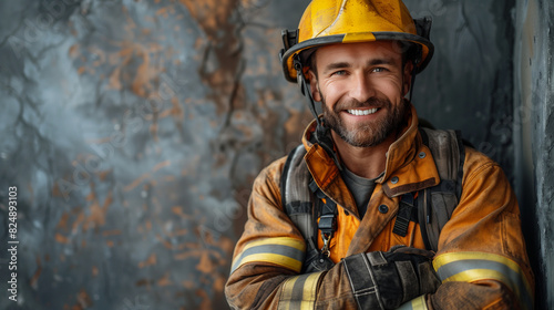 A cheerful fireman, donned in a vibrant yellow helmet, smiles warmly in his firefighting gear © Pavel Lysenko