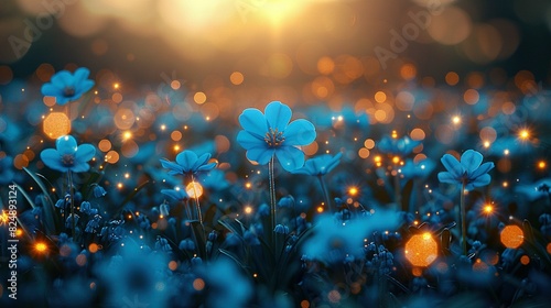   Field full of blue flowers under bright sun in background photo