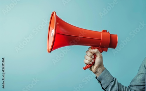 Hand holding a red megaphone against a soft blue background.