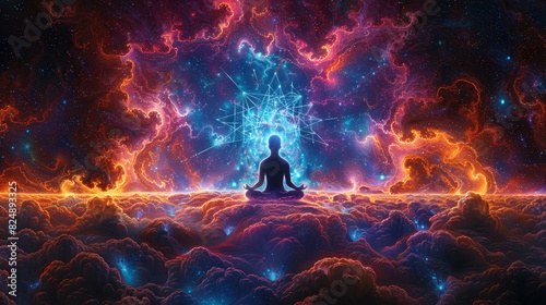 meditating figure surrounded by an aura of colorful energy, with sacred geometry symbols photo