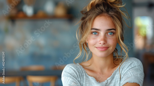 A radiant young woman with flowing hair sits gracefully at a table, her serene presence exuding elegance and poise photo