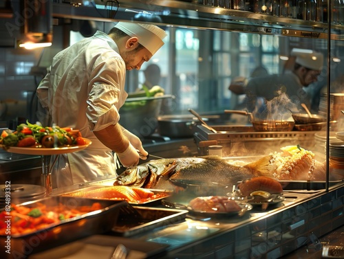 Busy chef at fish restaurant preparing delicious gravies and sauces for fresh fish dishes photo
