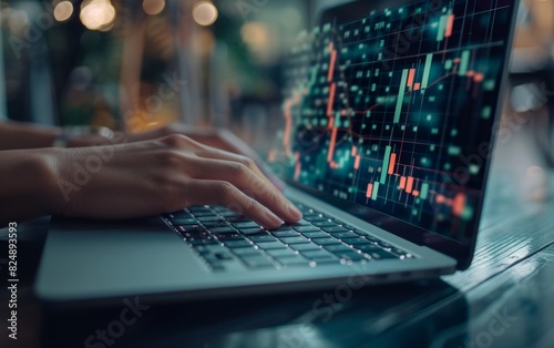 Hands typing on a laptop with overlay of financial graphs.