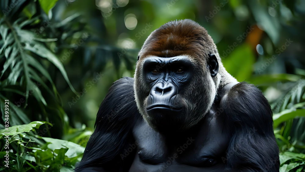 Fototapeta premium A gorilla sitting among lush green vegetation with a bokeh backdrop