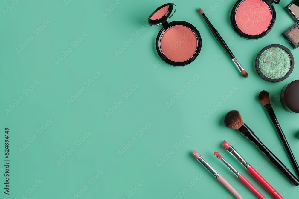 Important makeup kit with text space on solid green background Important makeup kit with text space on solid green background