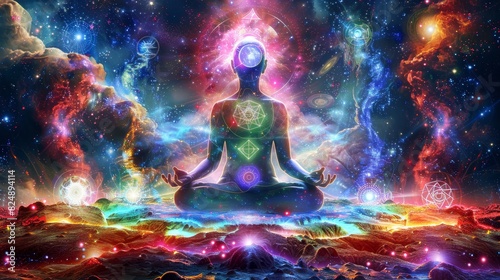 abstract meditating figure surrounded by an aura of colorful energy