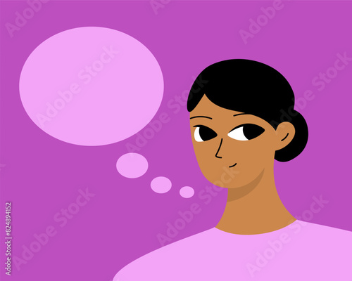 Black brunette reports information. Empty space for text, message. Smiling beautiful african woman in flat design.