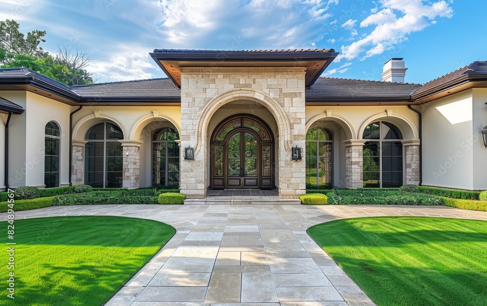 Luxurious suburban home with arched entryway and manicured lawn.