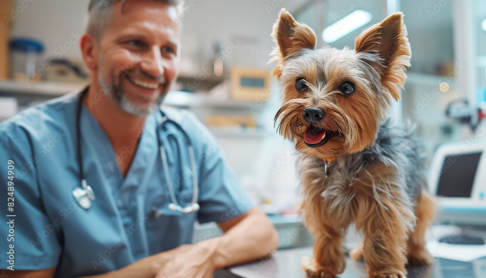 happy Yorkshire Terrier sits on a table at a veterinary clinic, looking at camera with cheerful expression and smiling veterinarian wearing white coat and stethoscope, exuding professionalism and care happy Yorkshire Terrier sits on a table at a veterinary clinic, looking at camera with cheerful expression and smiling veterinarian wearing white coat and stethoscope, exuding professionalism and care