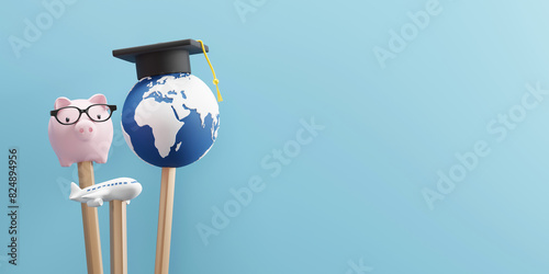 Saving money to study abroad and education concept desgin of pencils with globe wearing graduation cap and piggy bank with airplane 3D render