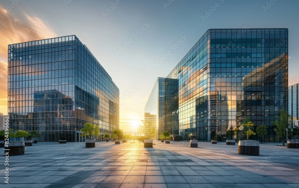 Modern glass buildings gleaming at sunset in an urban plaza.